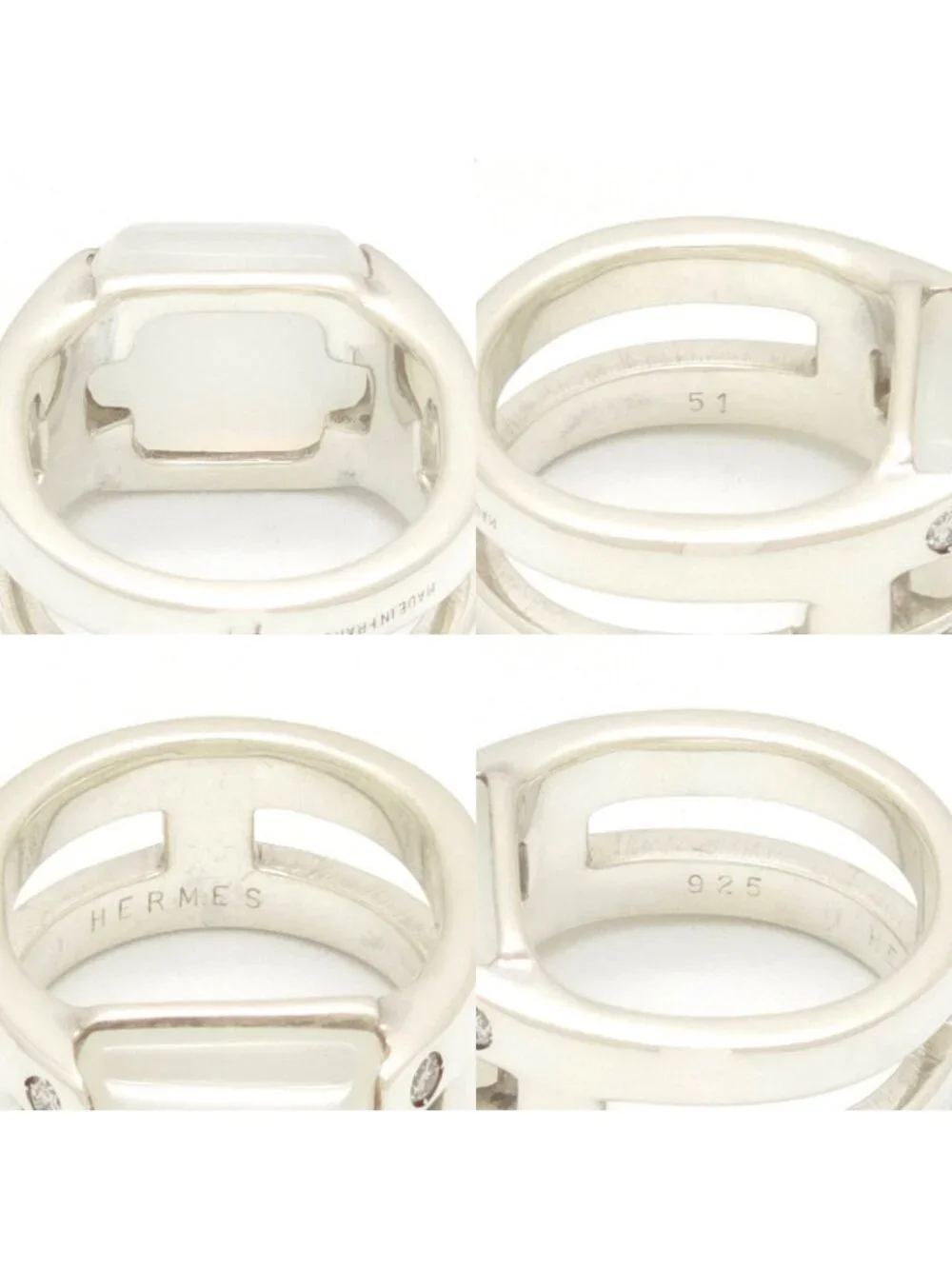 Hermes Medor Ring 51 Moonstone Diamond Sterling Silver Vintage
